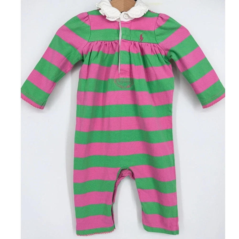 Ralph Lauren Baby Pink Green Striped Romper Ruffle Collar Embroidered‎ Pony 6 M